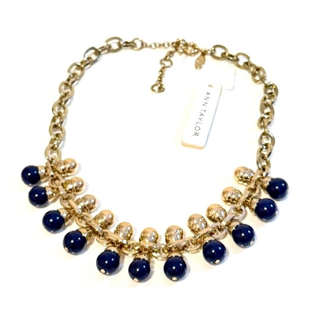 Ann Taylor Gold Necklace with Classic Bib Navy Accents | NWT